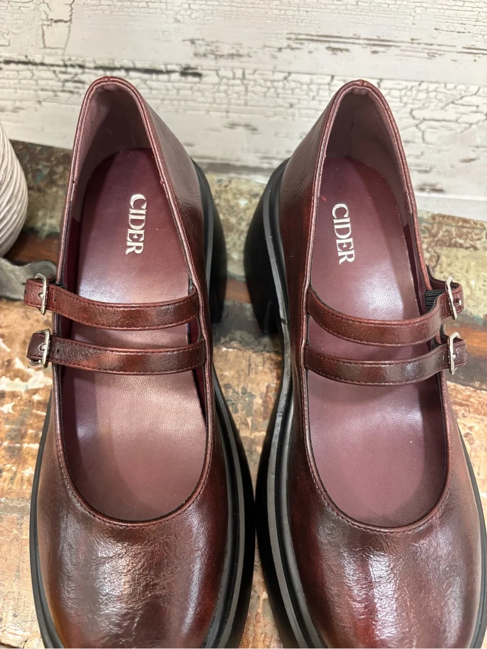 Cider Double-Strap Mary Jane Platform Loafers in Burgundy Size: 8